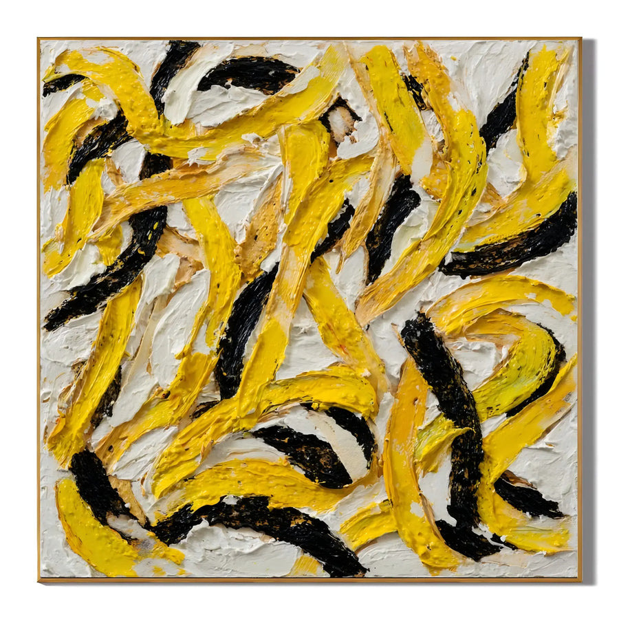 Ownanart Original Hand-Painted Yellow Black and White Abstract Impasto Oil Painting, Modern Minimalist Curved Brushstroke Textured Wall Art for Living Room, Bedroom and Office Decor  # OA 1281