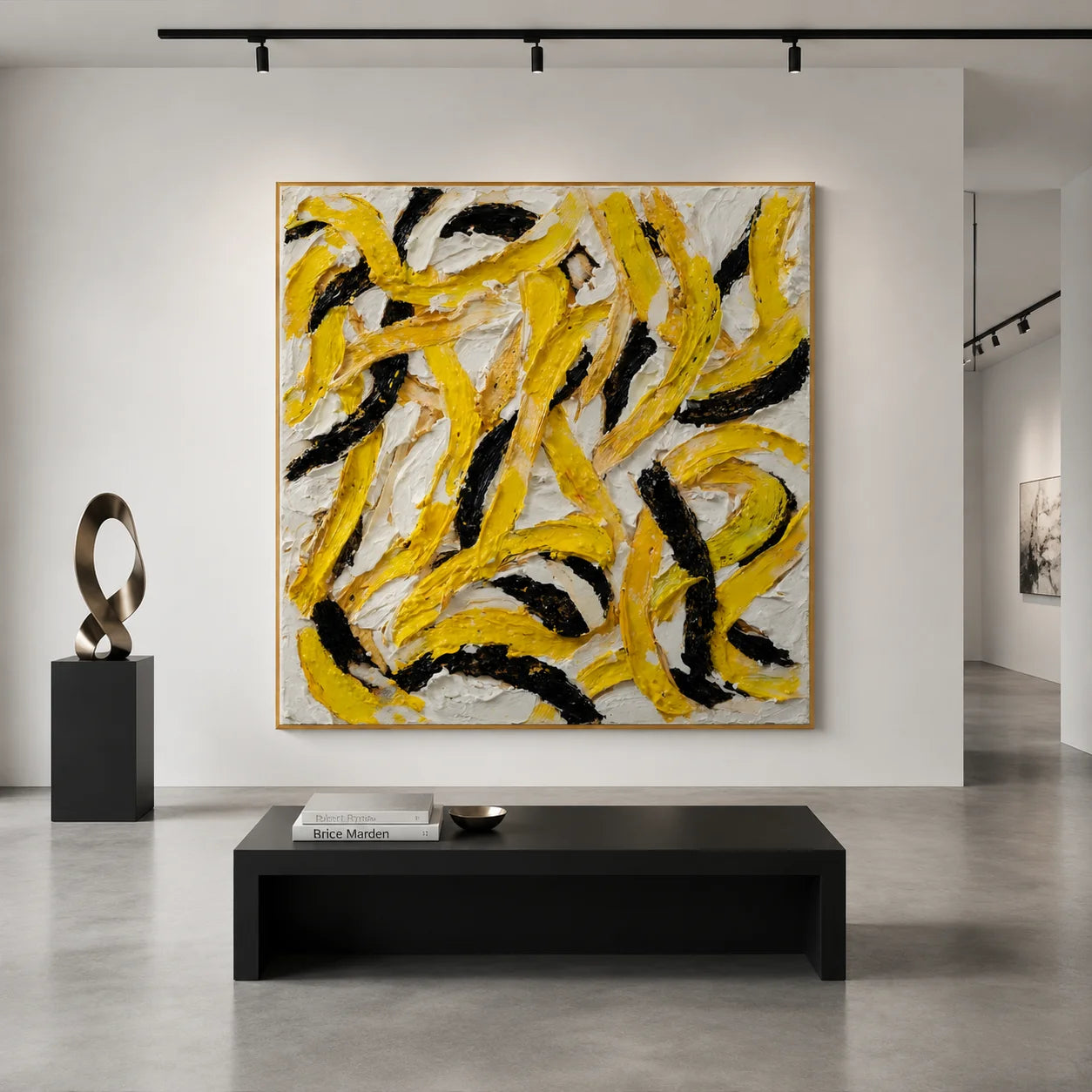 Ownanart Original Hand-Painted Yellow Black and White Abstract Impasto Oil Painting, Modern Minimalist Curved Brushstroke Textured Wall Art for Living Room, Bedroom and Office Decor  # OA 1281