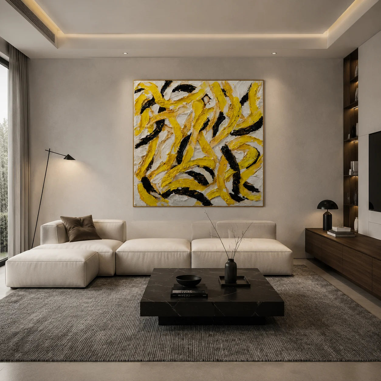 Ownanart Original Hand-Painted Yellow Black and White Abstract Impasto Oil Painting, Modern Minimalist Curved Brushstroke Textured Wall Art for Living Room, Bedroom and Office Decor  # OA 1281