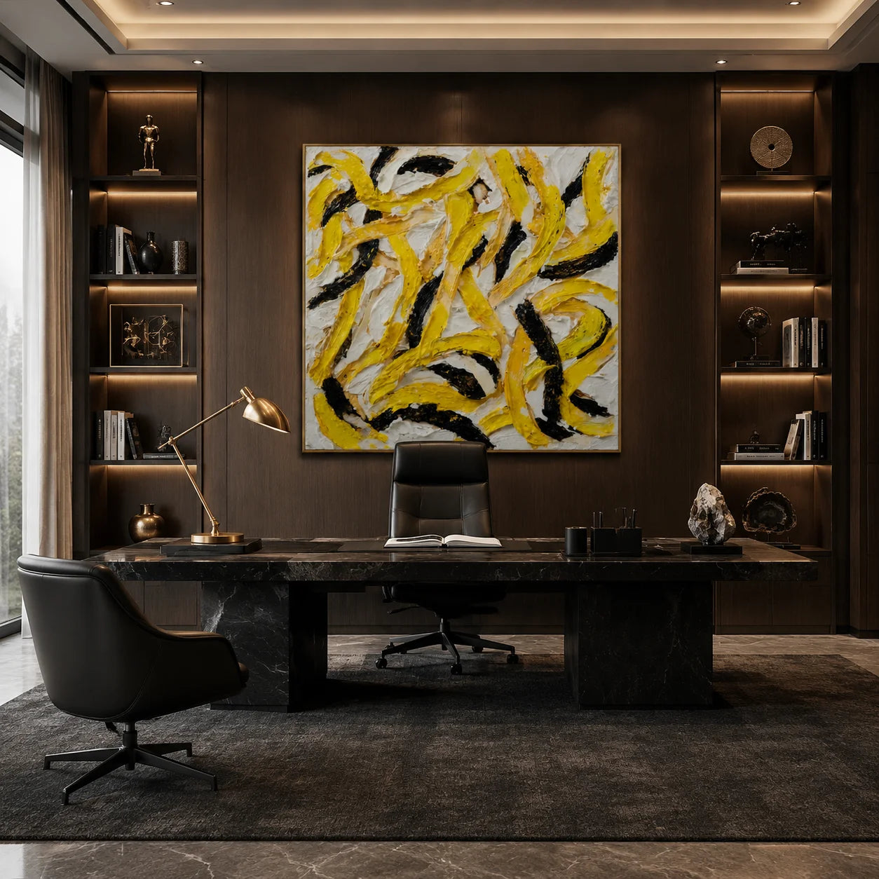 Ownanart Original Hand-Painted Yellow Black and White Abstract Impasto Oil Painting, Modern Minimalist Curved Brushstroke Textured Wall Art for Living Room, Bedroom and Office Decor  # OA 1281