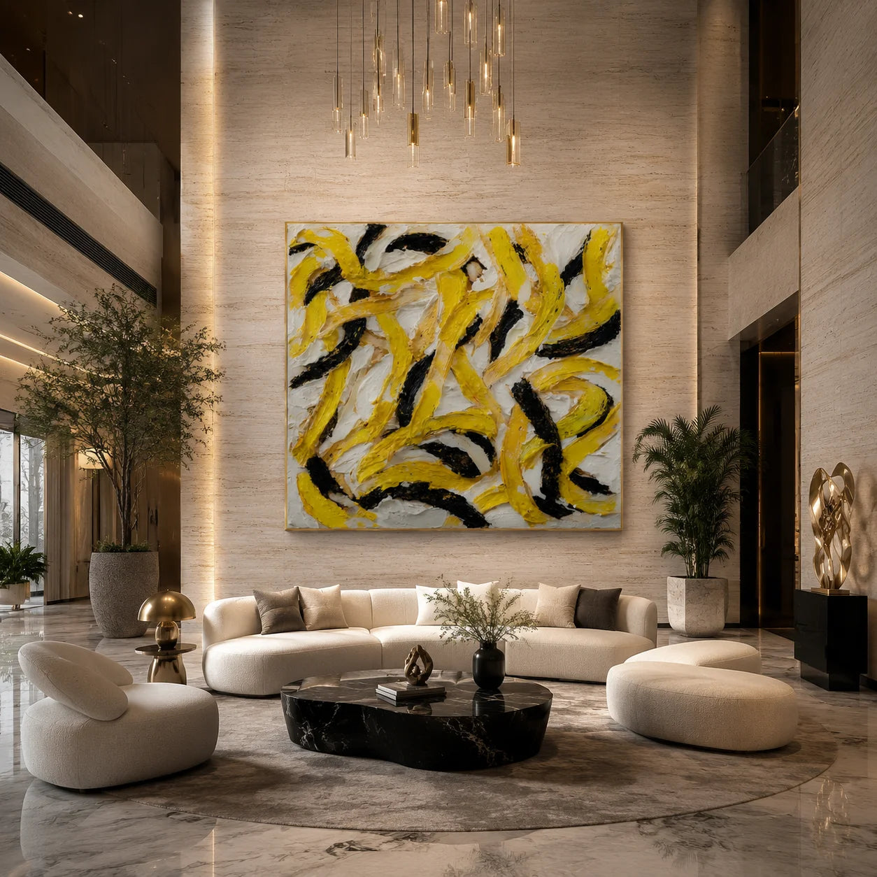 Ownanart Original Hand-Painted Yellow Black and White Abstract Impasto Oil Painting, Modern Minimalist Curved Brushstroke Textured Wall Art for Living Room, Bedroom and Office Decor  # OA 1281