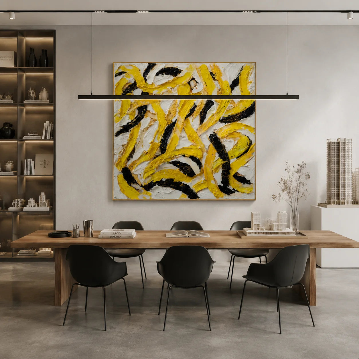 Ownanart Original Hand-Painted Yellow Black and White Abstract Impasto Oil Painting, Modern Minimalist Curved Brushstroke Textured Wall Art for Living Room, Bedroom and Office Decor  # OA 1281