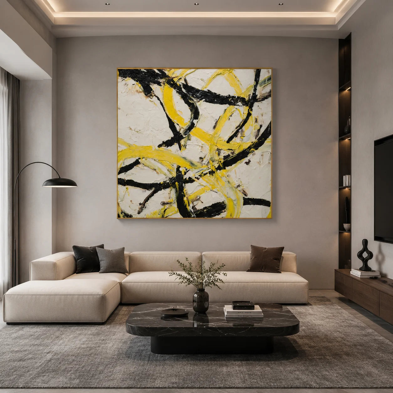 Ownanart Original Hand-Painted Yellow Black and White Abstract Impasto Oil Painting, Modern Minimalist Flowing Curved Brushstroke Textured Wall Art for Living Room, Bedroom and Office Decor  # OA 1282