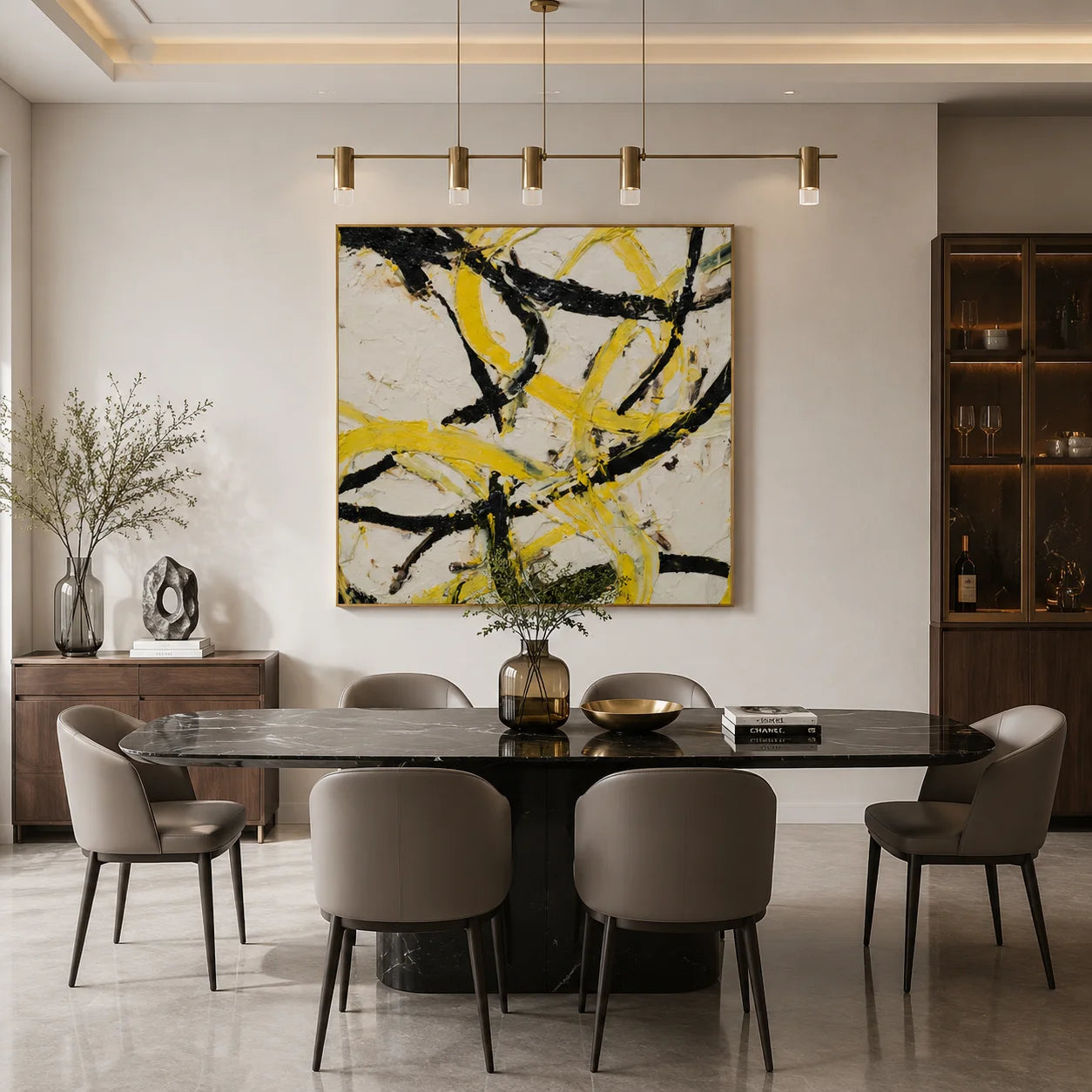 Ownanart Original Hand-Painted Yellow Black and White Abstract Impasto Oil Painting, Modern Minimalist Flowing Curved Brushstroke Textured Wall Art for Living Room, Bedroom and Office Decor  # OA 1282