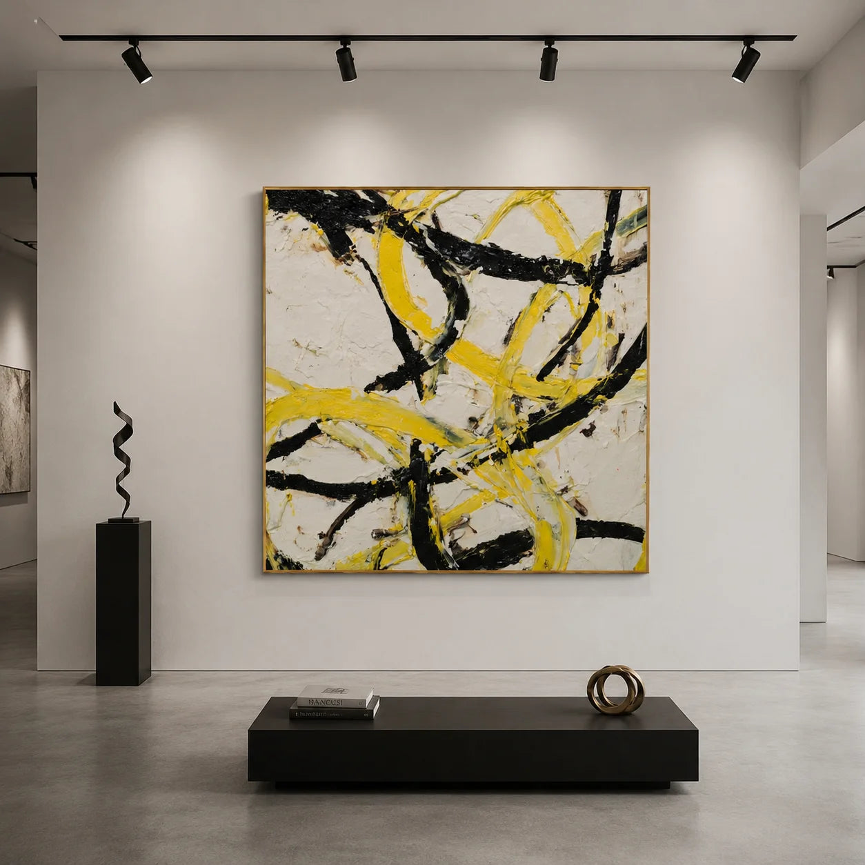 Ownanart Original Hand-Painted Yellow Black and White Abstract Impasto Oil Painting, Modern Minimalist Flowing Curved Brushstroke Textured Wall Art for Living Room, Bedroom and Office Decor  # OA 1282