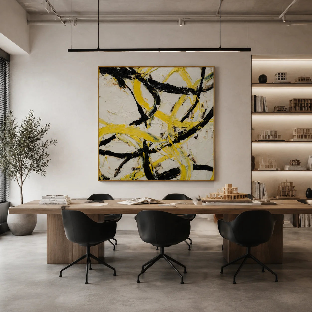 Ownanart Original Hand-Painted Yellow Black and White Abstract Impasto Oil Painting, Modern Minimalist Flowing Curved Brushstroke Textured Wall Art for Living Room, Bedroom and Office Decor  # OA 1282