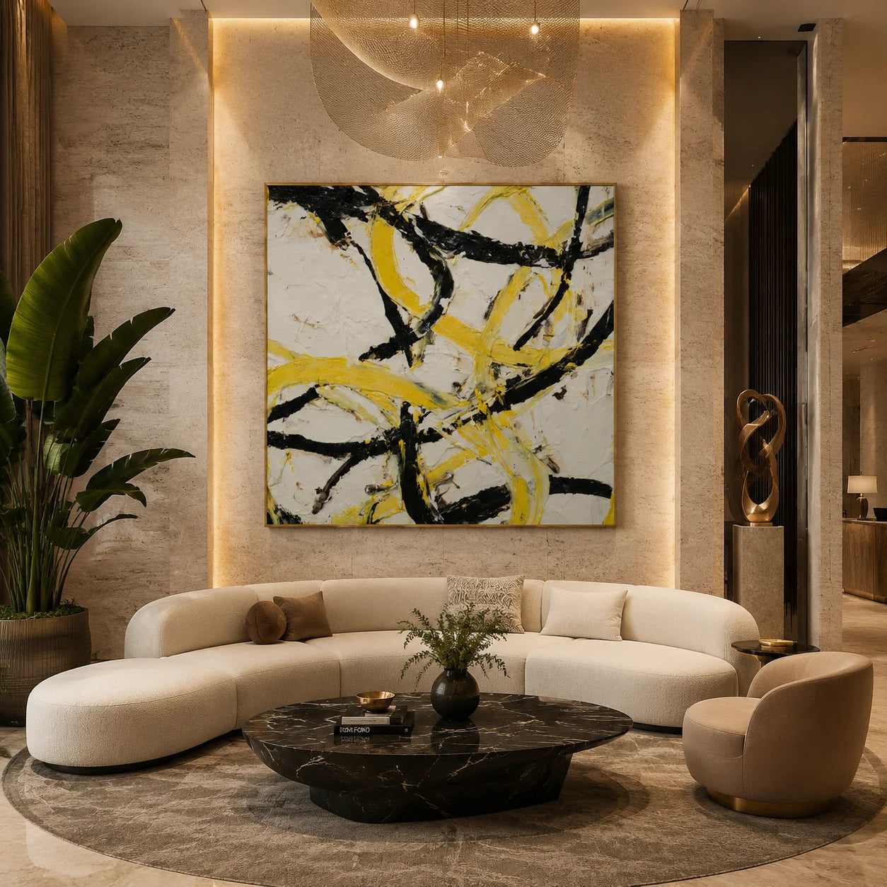 Ownanart Original Hand-Painted Yellow Black and White Abstract Impasto Oil Painting, Modern Minimalist Flowing Curved Brushstroke Textured Wall Art for Living Room, Bedroom and Office Decor  # OA 1282