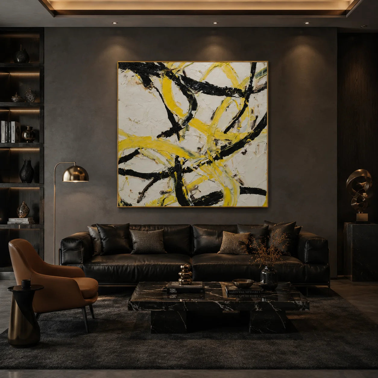 Ownanart Original Hand-Painted Yellow Black and White Abstract Impasto Oil Painting, Modern Minimalist Flowing Curved Brushstroke Textured Wall Art for Living Room, Bedroom and Office Decor  # OA 1282