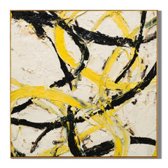 Ownanart Original Hand-Painted Yellow Black and White Abstract Impasto Oil Painting, Modern Minimalist Flowing Curved Brushstroke Textured Wall Art for Living Room, Bedroom and Office Decor  # OA 1282