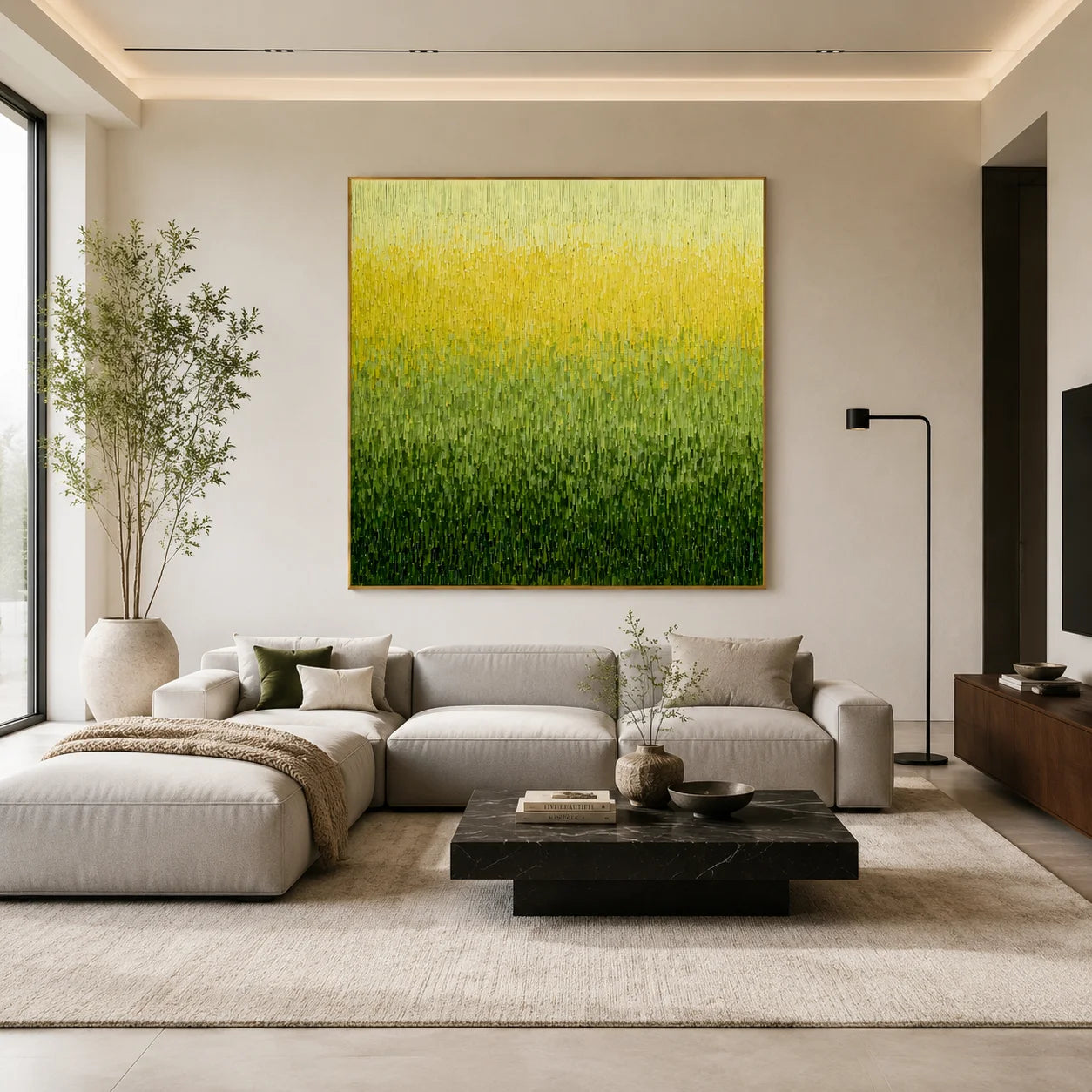 Ownanart Original Hand-Painted Yellow Green Gradient Abstract Oil Painting, Modern Minimalist Vertical Textured Wall Art for Living Room, Bedroom, and Entryway Decor  # OA 1272