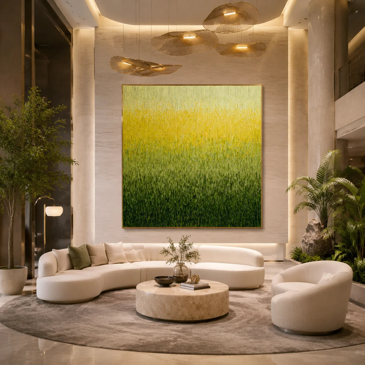Ownanart Original Hand-Painted Yellow Green Gradient Abstract Oil Painting, Modern Minimalist Vertical Textured Wall Art for Living Room, Bedroom, and Entryway Decor  # OA 1272