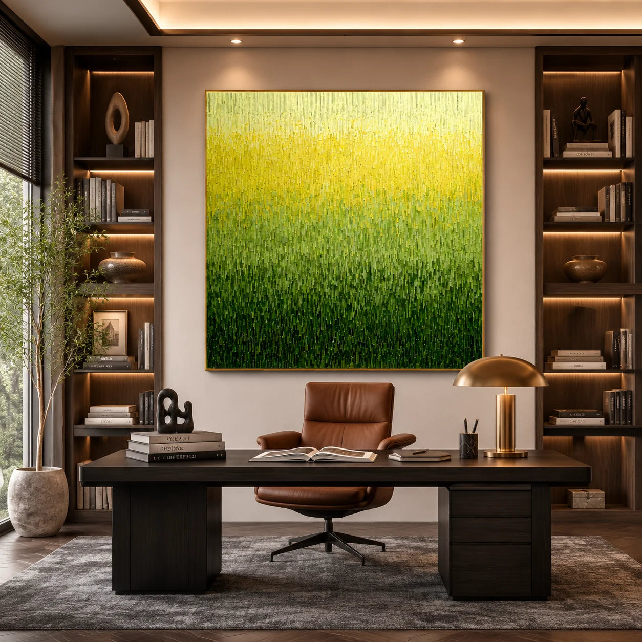 Ownanart Original Hand-Painted Yellow Green Gradient Abstract Oil Painting, Modern Minimalist Vertical Textured Wall Art for Living Room, Bedroom, and Entryway Decor  # OA 1272