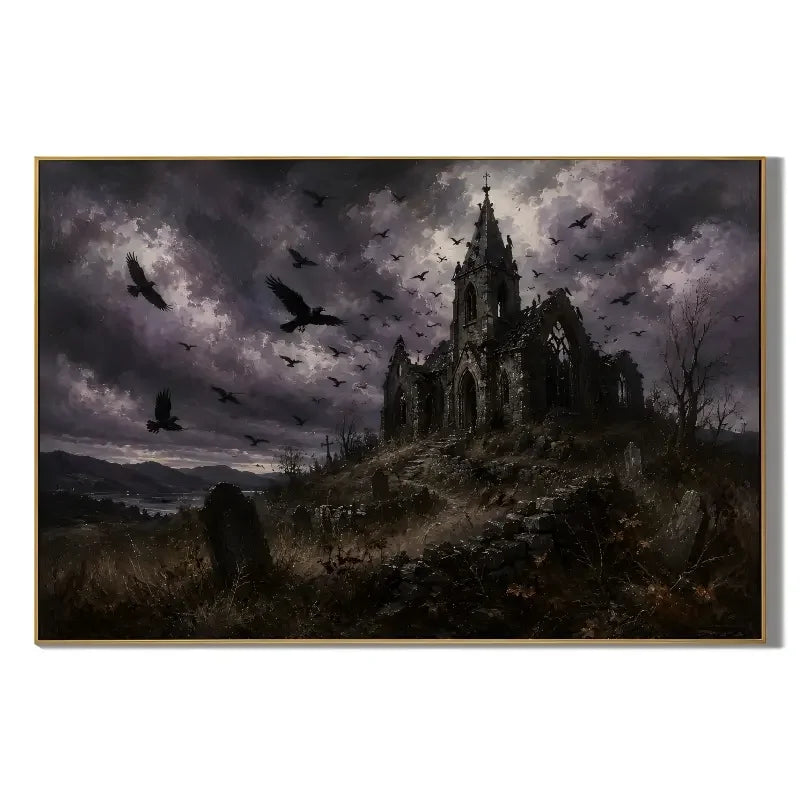 Ownanart Original Handmade Gothic Witch Rider Oil Painting | Moonlit Black Horse & Mysterious Castle Dark Fantasy Landscape Wall Art | Dark Academia Halloween Gothic Hand-Painted Canvas for Vintage Home Decor # OA 1319