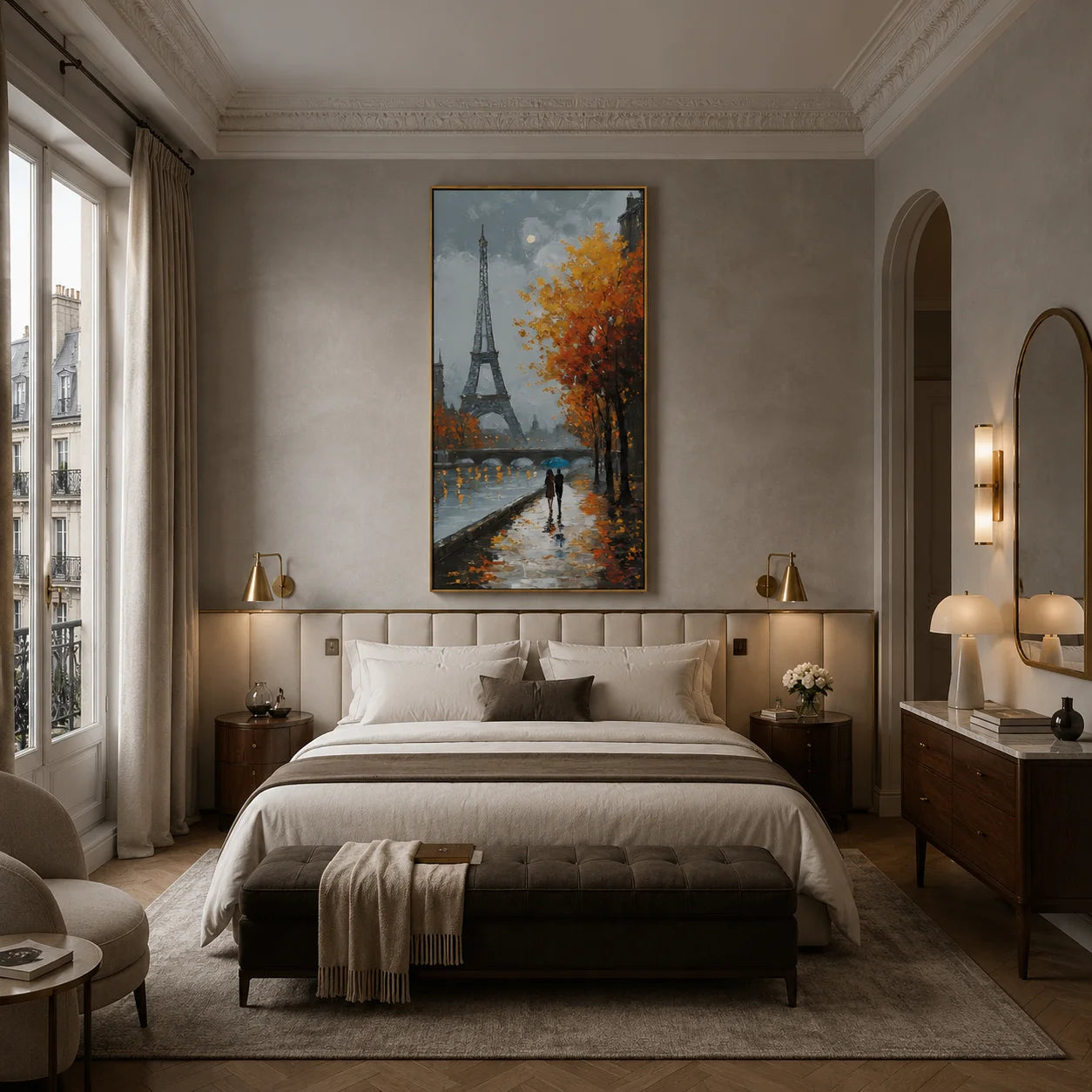 Paris Eiffel Tower Autumn Rain Hand-Painted Oil Painting | Romantic Cityscape Wall Art for French Style Decor#OA1016