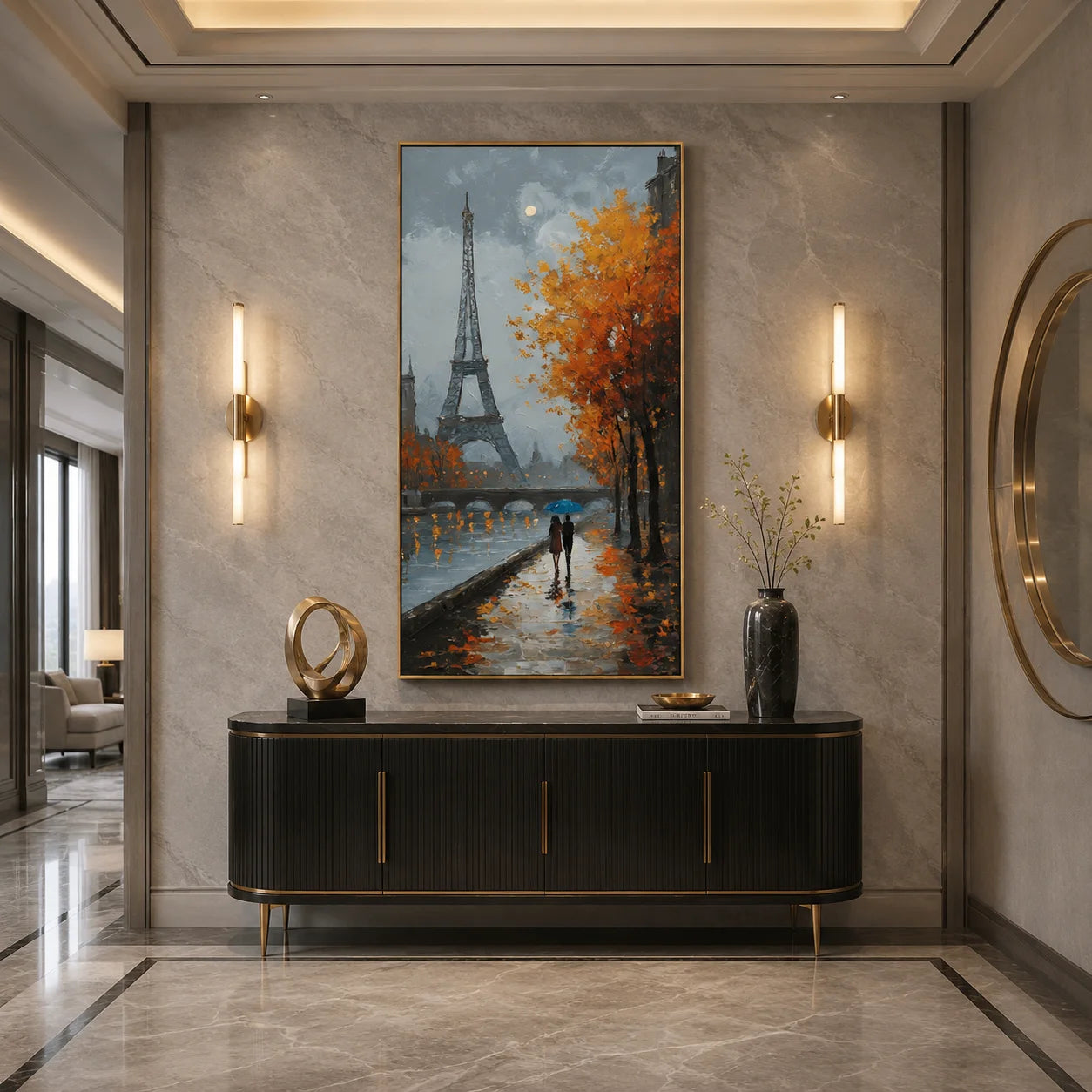 Paris Eiffel Tower Autumn Rain Hand-Painted Oil Painting | Romantic Cityscape Wall Art for French Style Decor#OA1016
