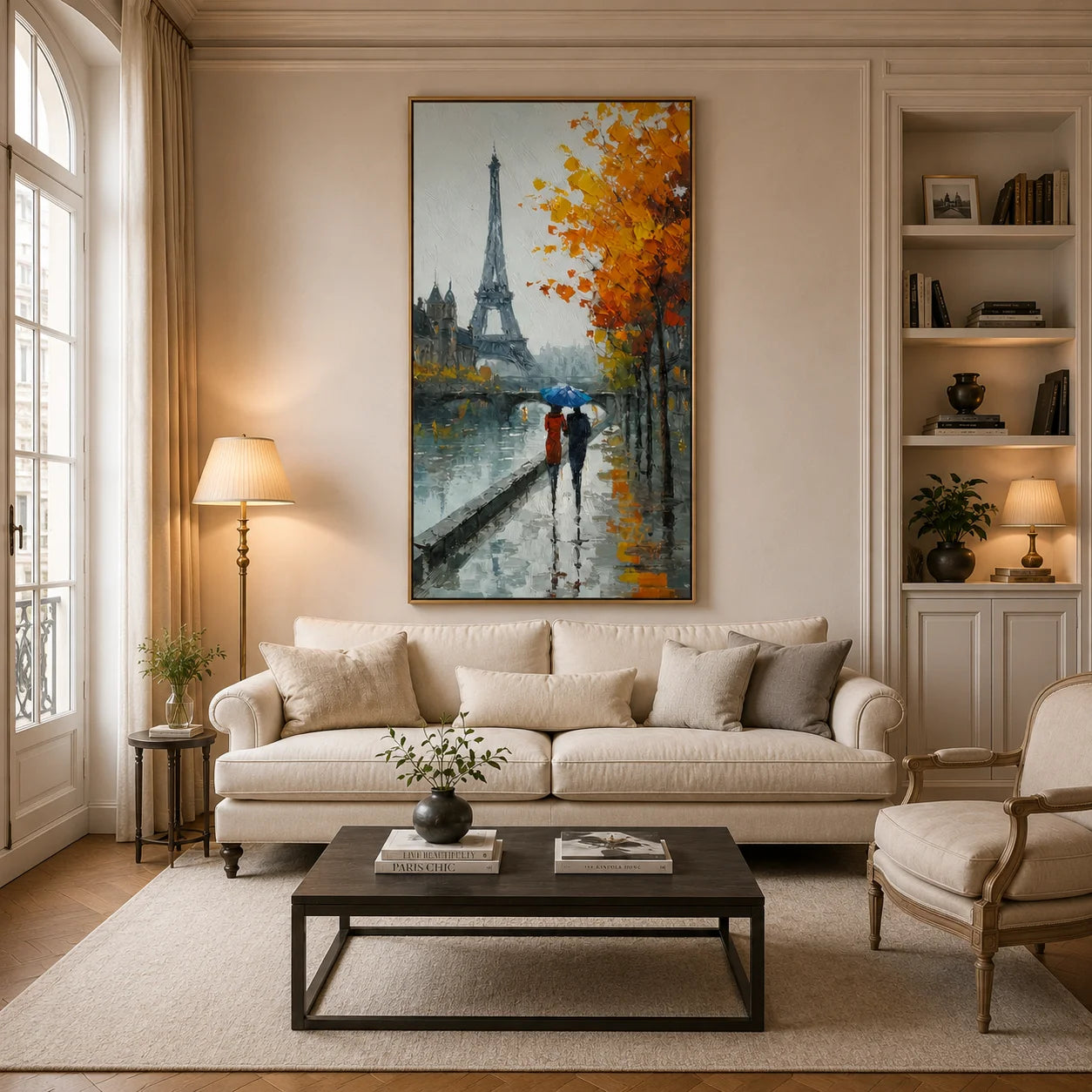 Paris Eiffel Tower Hand-Painted Oil Painting, Rainy Autumn Street Scene Wall Art for Romantic Home Decor#OA 0959