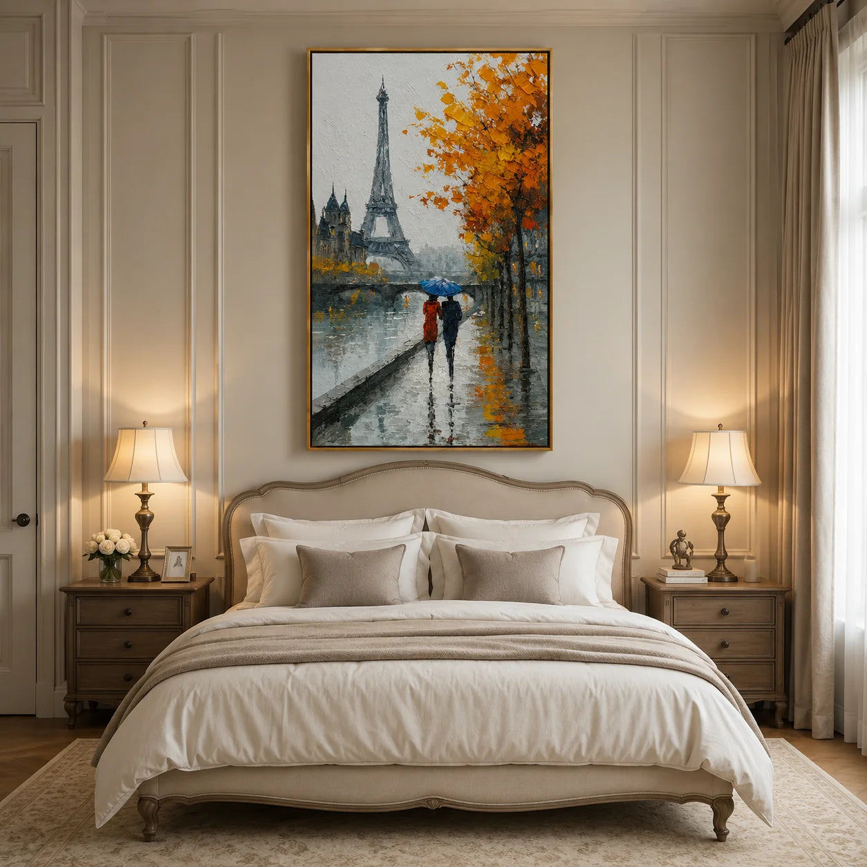 Paris Eiffel Tower Hand-Painted Oil Painting, Rainy Autumn Street Scene Wall Art for Romantic Home Decor#OA 0959