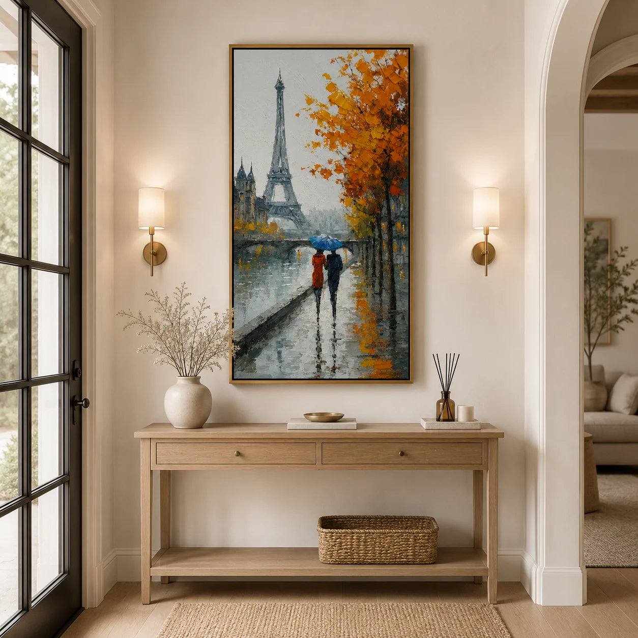 Paris Eiffel Tower Hand-Painted Oil Painting, Rainy Autumn Street Scene Wall Art for Romantic Home Decor#OA 0959