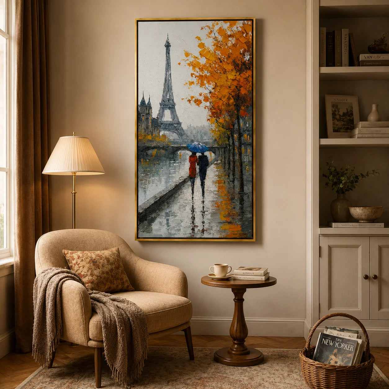 Paris Eiffel Tower Hand-Painted Oil Painting, Rainy Autumn Street Scene Wall Art for Romantic Home Decor#OA 0959