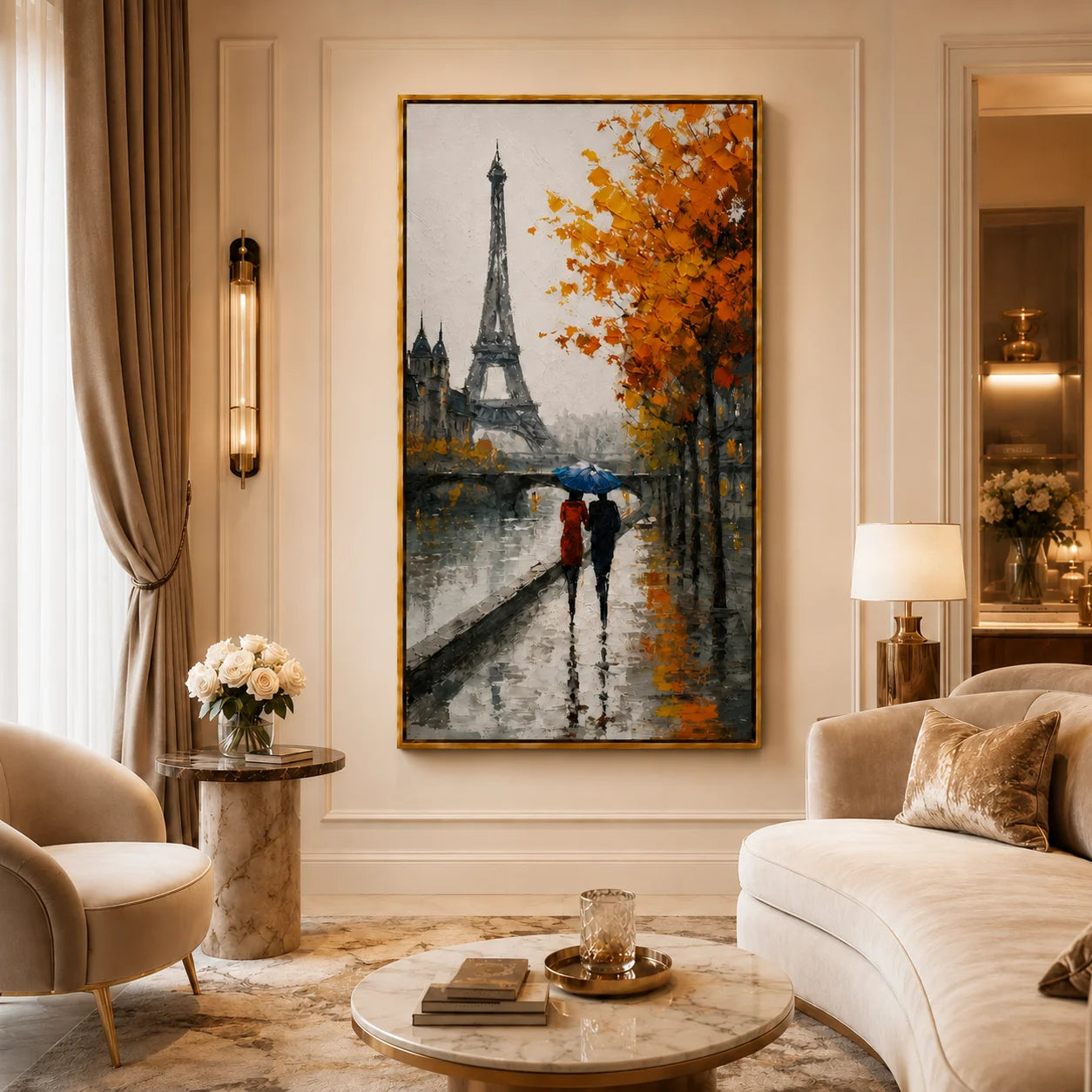 Paris Eiffel Tower Hand-Painted Oil Painting, Rainy Autumn Street Scene Wall Art for Romantic Home Decor#OA 0959