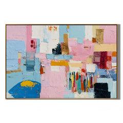 Pastel Geometric Abstract Hand-Painted Oil Painting | Textured Pink Blue Canvas Wall Art for Modern Living Room Decor # OA 1037