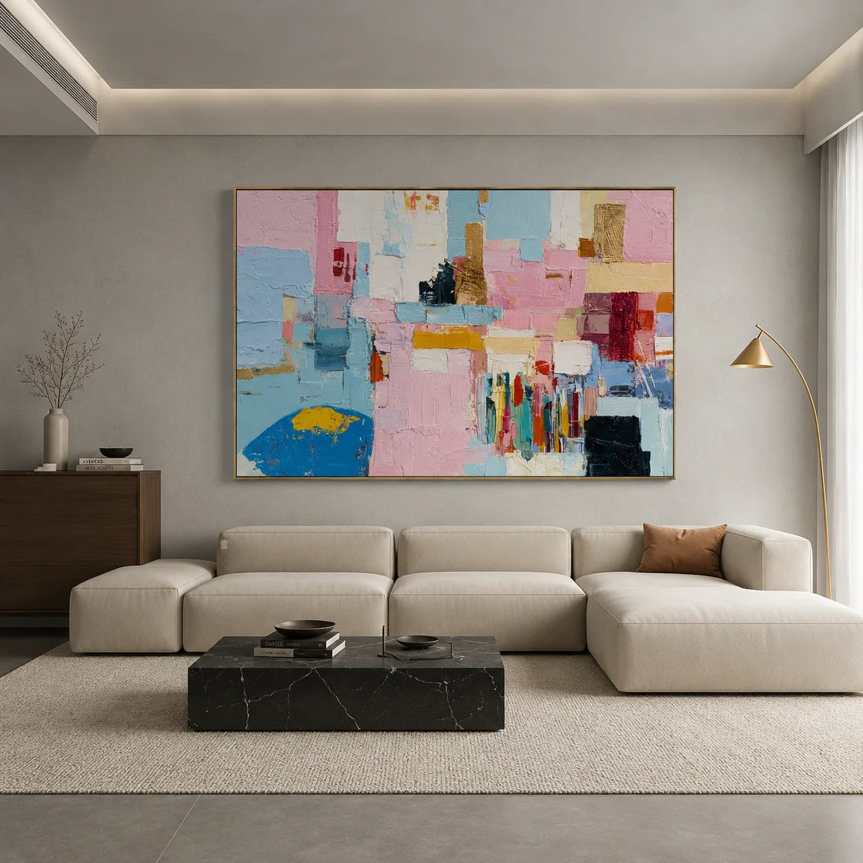 Pastel Geometric Abstract Hand-Painted Oil Painting | Textured Pink Blue Canvas Wall Art for Modern Living Room Decor # OA 1037