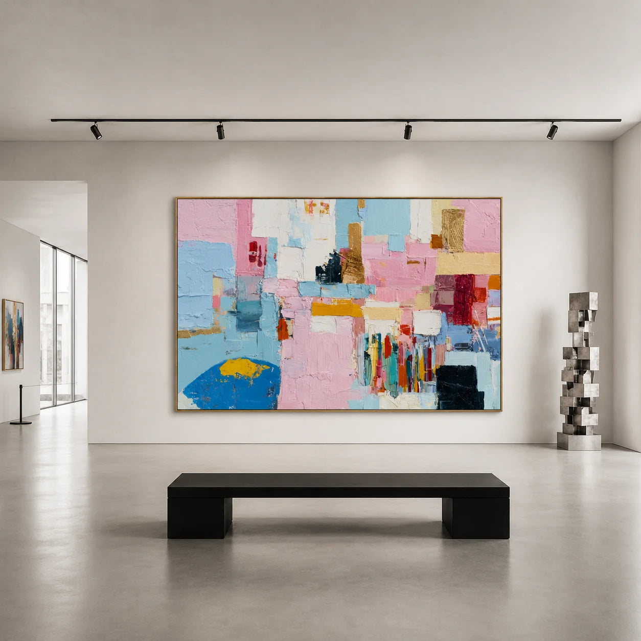 Pastel Geometric Abstract Hand-Painted Oil Painting | Textured Pink Blue Canvas Wall Art for Modern Living Room Decor # OA 1037