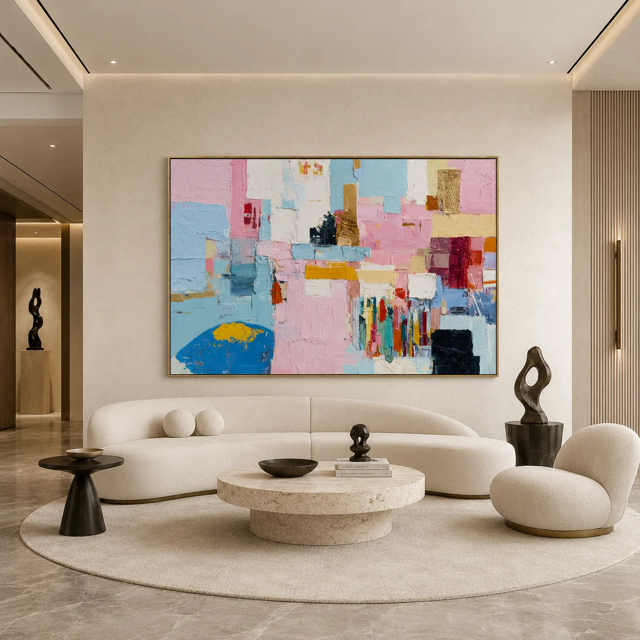 Pastel Geometric Abstract Hand-Painted Oil Painting | Textured Pink Blue Canvas Wall Art for Modern Living Room Decor # OA 1037