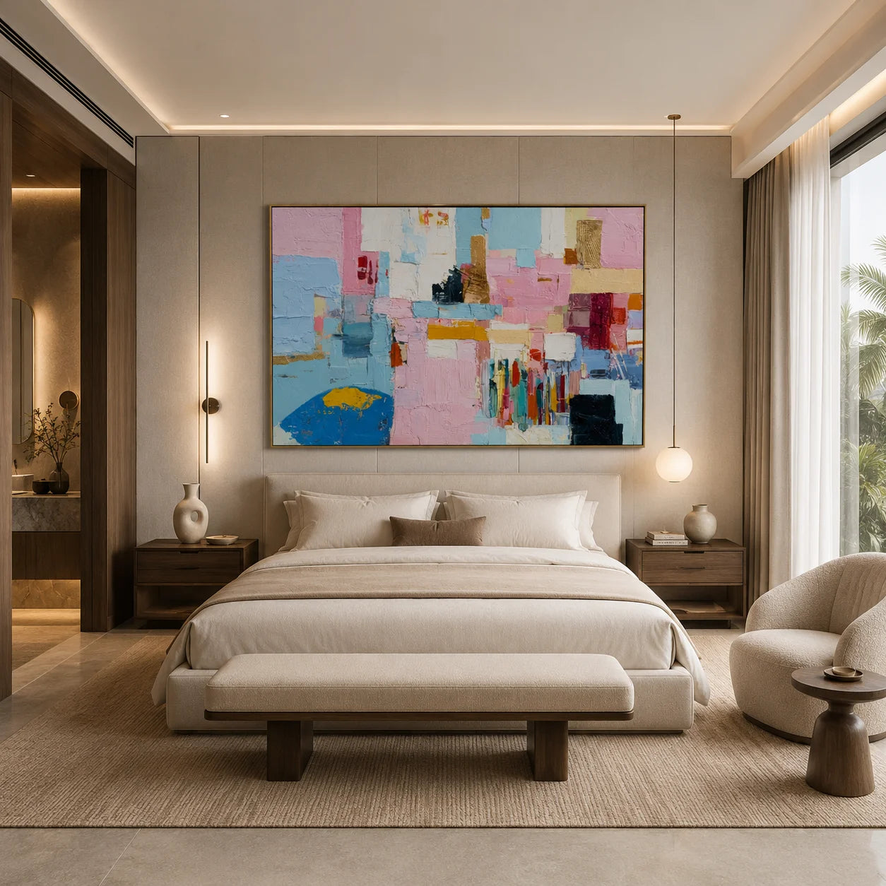 Pastel Geometric Abstract Hand-Painted Oil Painting | Textured Pink Blue Canvas Wall Art for Modern Living Room Decor # OA 1037