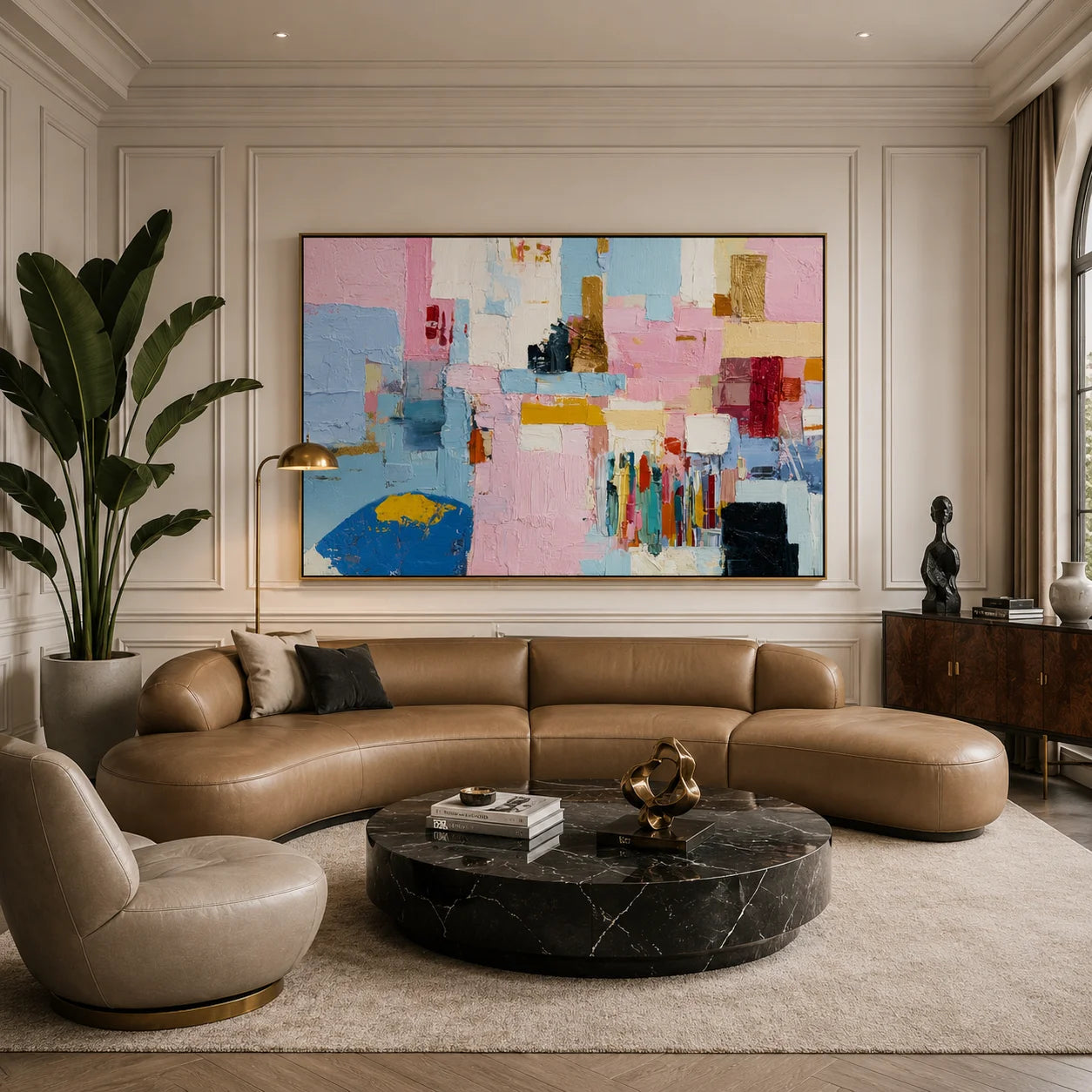 Pastel Geometric Abstract Hand-Painted Oil Painting | Textured Pink Blue Canvas Wall Art for Modern Living Room Decor # OA 1037