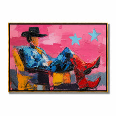 Pink Cowboy Hand-Painted Oil Painting, Textured Western Wall Art with Red Boots for Modern Home Decor#OA 0971