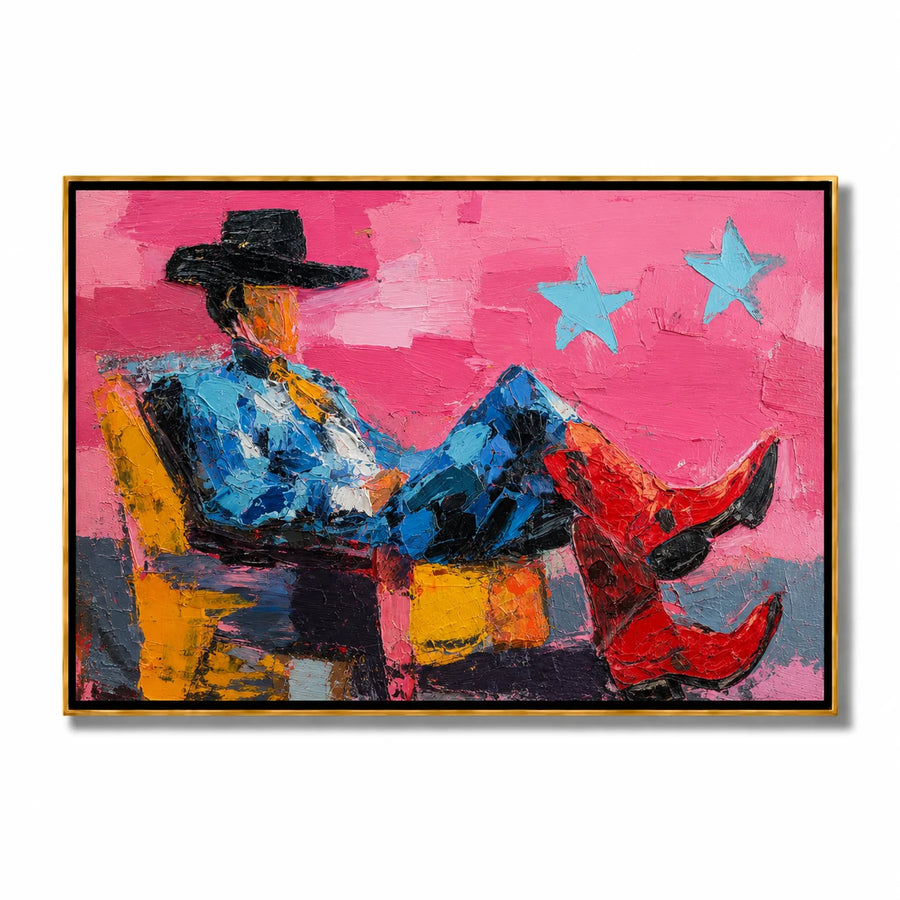 Pink Cowboy Hand-Painted Oil Painting, Textured Western Wall Art with Red Boots for Modern Home Decor#OA 0971