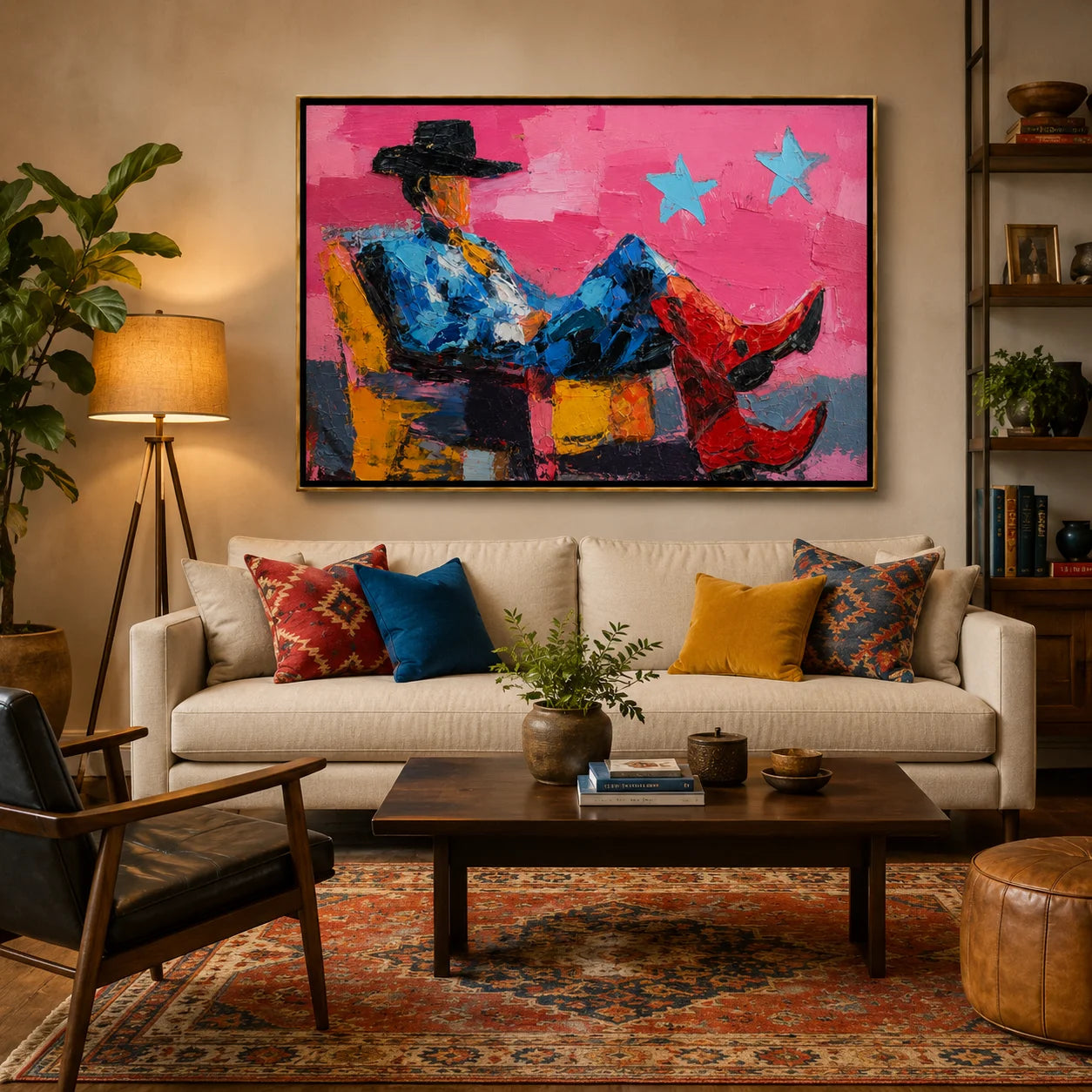Pink Cowboy Hand-Painted Oil Painting, Textured Western Wall Art with Red Boots for Modern Home Decor#OA 0971