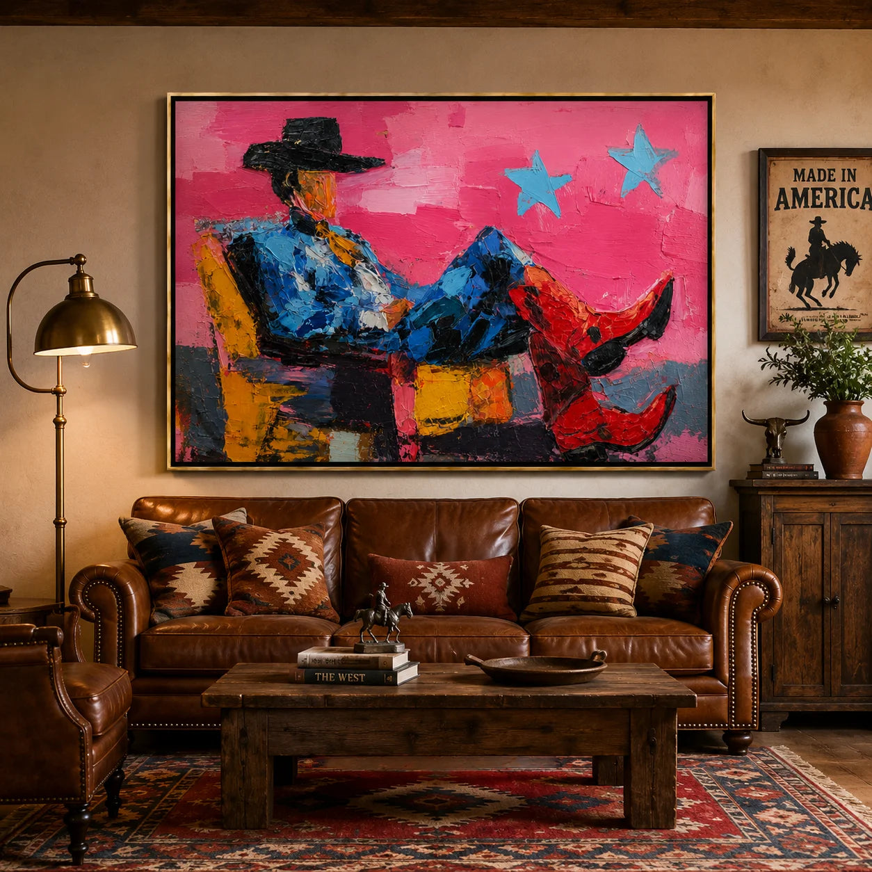 Pink Cowboy Hand-Painted Oil Painting, Textured Western Wall Art with Red Boots for Modern Home Decor#OA 0971