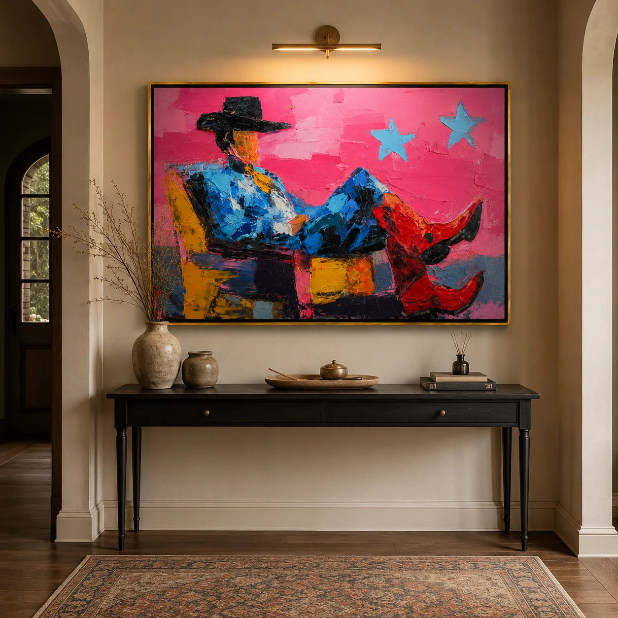 Pink Cowboy Hand-Painted Oil Painting, Textured Western Wall Art with Red Boots for Modern Home Decor#OA 0971