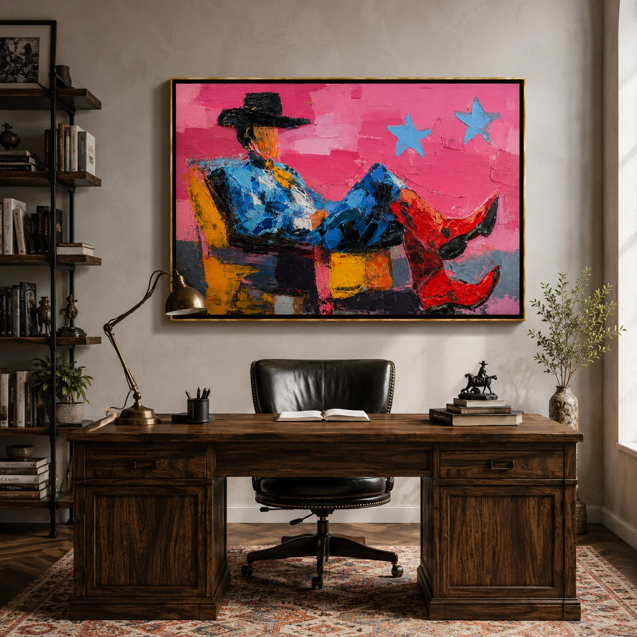 Pink Cowboy Hand-Painted Oil Painting, Textured Western Wall Art with Red Boots for Modern Home Decor#OA 0971
