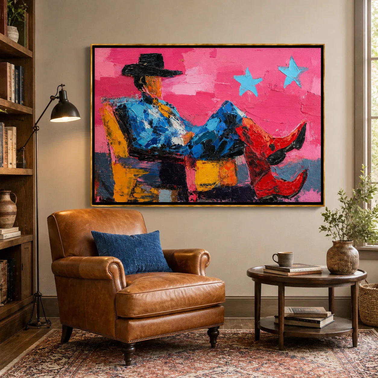 Pink Cowboy Hand-Painted Oil Painting, Textured Western Wall Art with Red Boots for Modern Home Decor#OA 0971