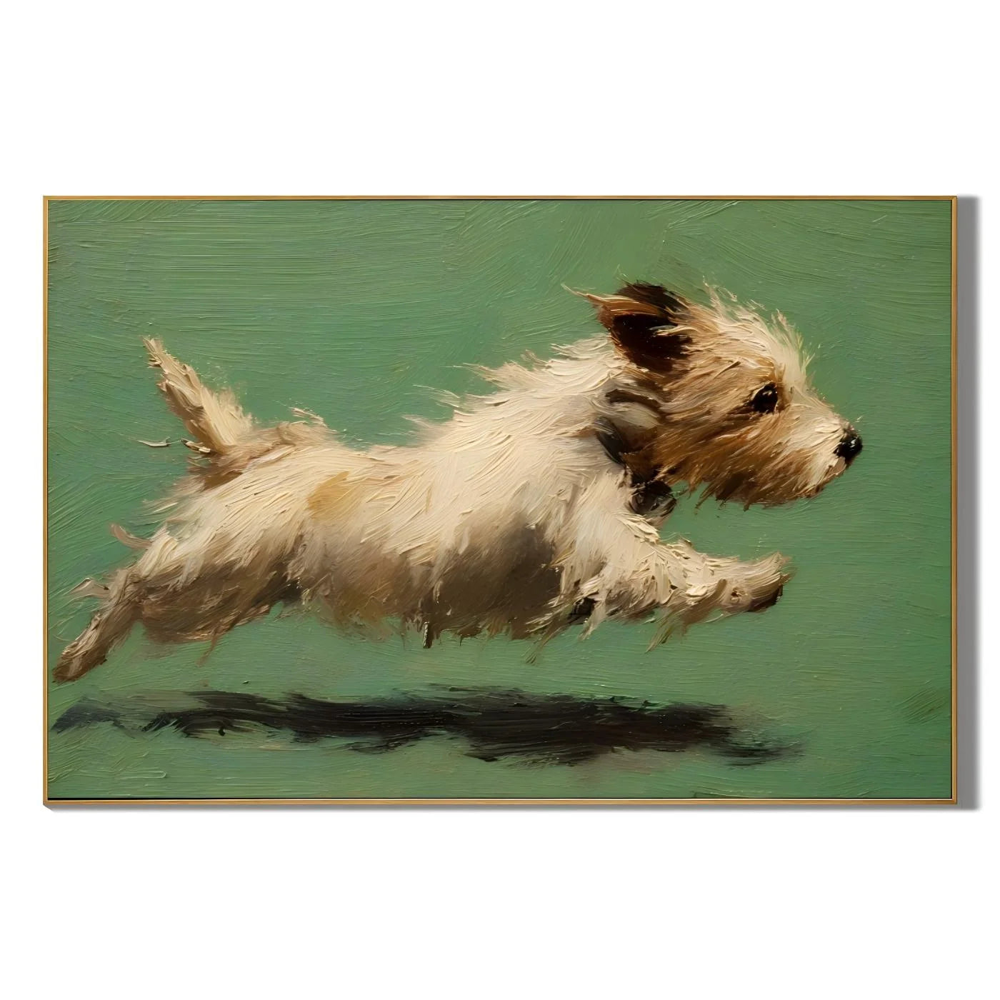 Running Terrier Dog Hand-Painted Oil Painting | Green Background Pet Portrait Wall Art # OA 1071