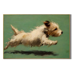 Running Terrier Dog Hand-Painted Oil Painting | Green Background Pet Portrait Wall Art # OA 1071