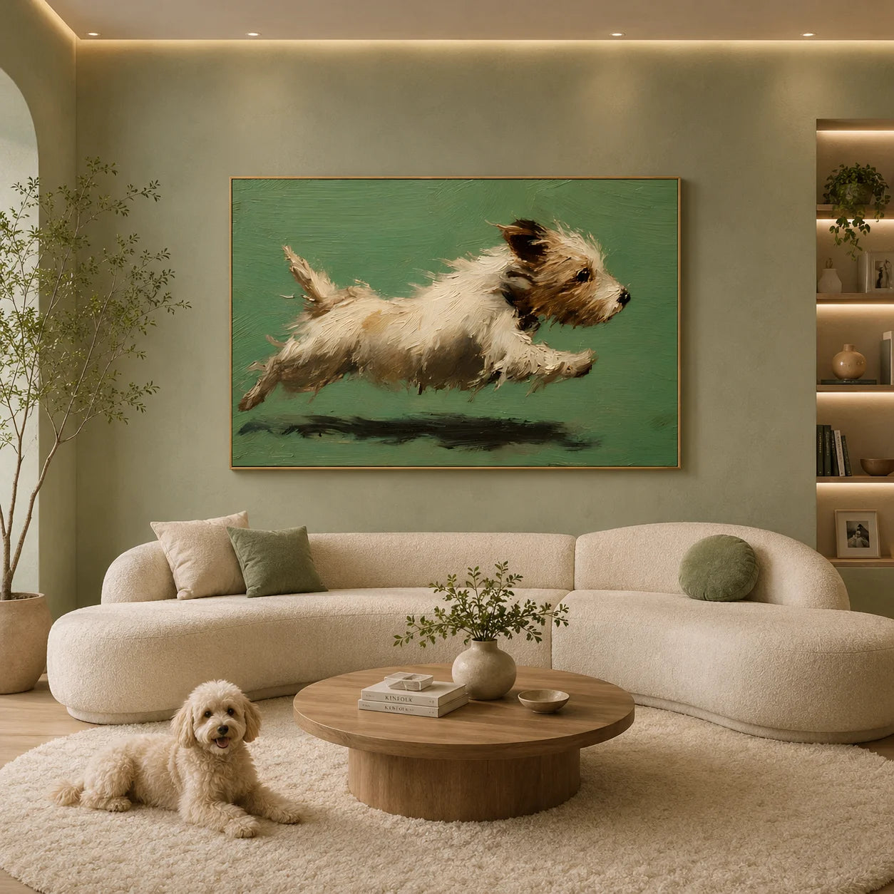 Running Terrier Dog Hand-Painted Oil Painting | Green Background Pet Portrait Wall Art # OA 1071