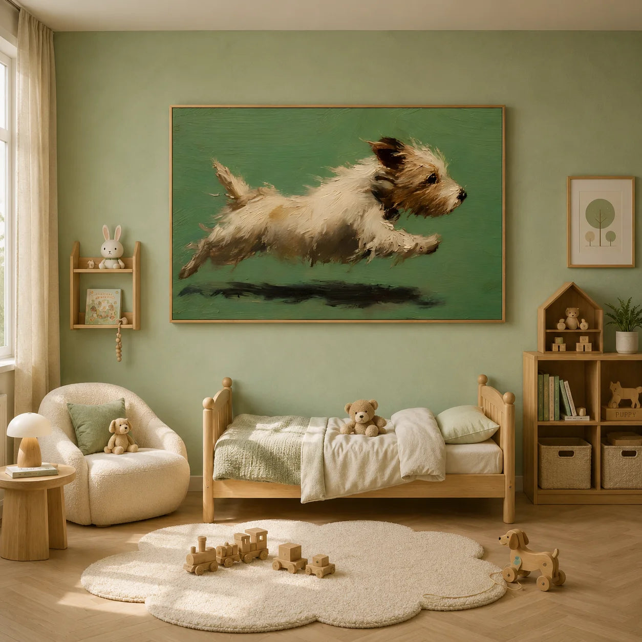 Running Terrier Dog Hand-Painted Oil Painting | Green Background Pet Portrait Wall Art # OA 1071