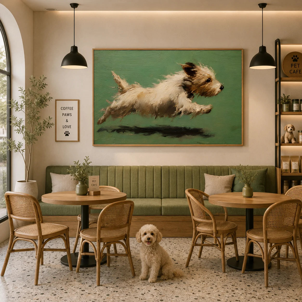 Running Terrier Dog Hand-Painted Oil Painting | Green Background Pet Portrait Wall Art # OA 1071