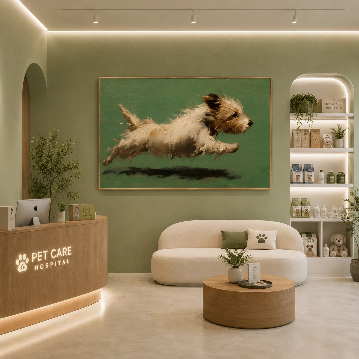 Running Terrier Dog Hand-Painted Oil Painting | Green Background Pet Portrait Wall Art # OA 1071