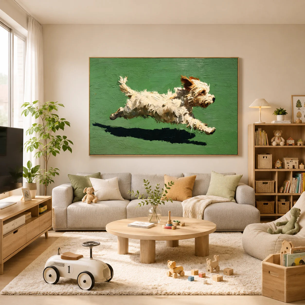 Running White Terrier Dog Hand-Painted Oil Painting, Playful Pet Portrait Wall Art # OA 1050