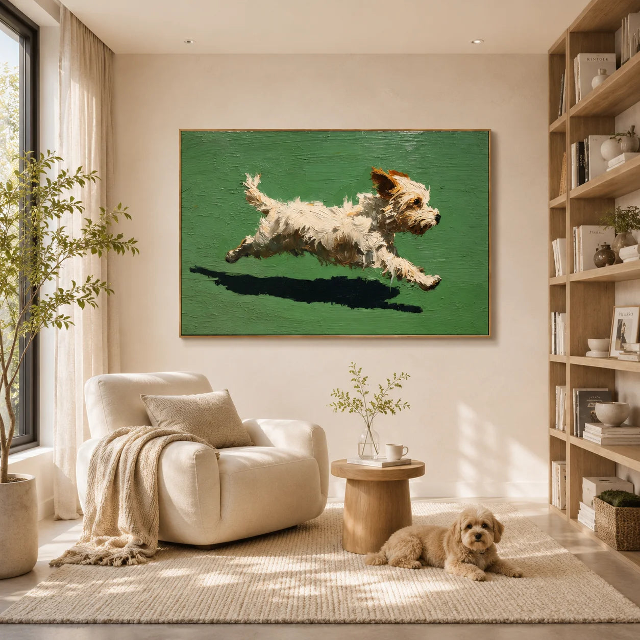 Running White Terrier Dog Hand-Painted Oil Painting, Playful Pet Portrait Wall Art # OA 1050