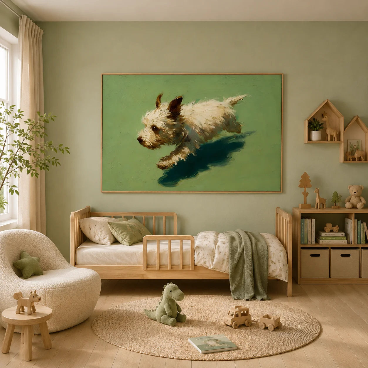 Running White Terrier Dog Hand-Painted Oil Painting, Playful Pet Portrait Wall Art for Dog Lovers # OA 1070