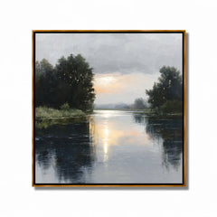 Serene River Landscape Oil Painting, Hand-Painted Sunset Water Reflection Wall Art for Modern Home Decor #OA 1005