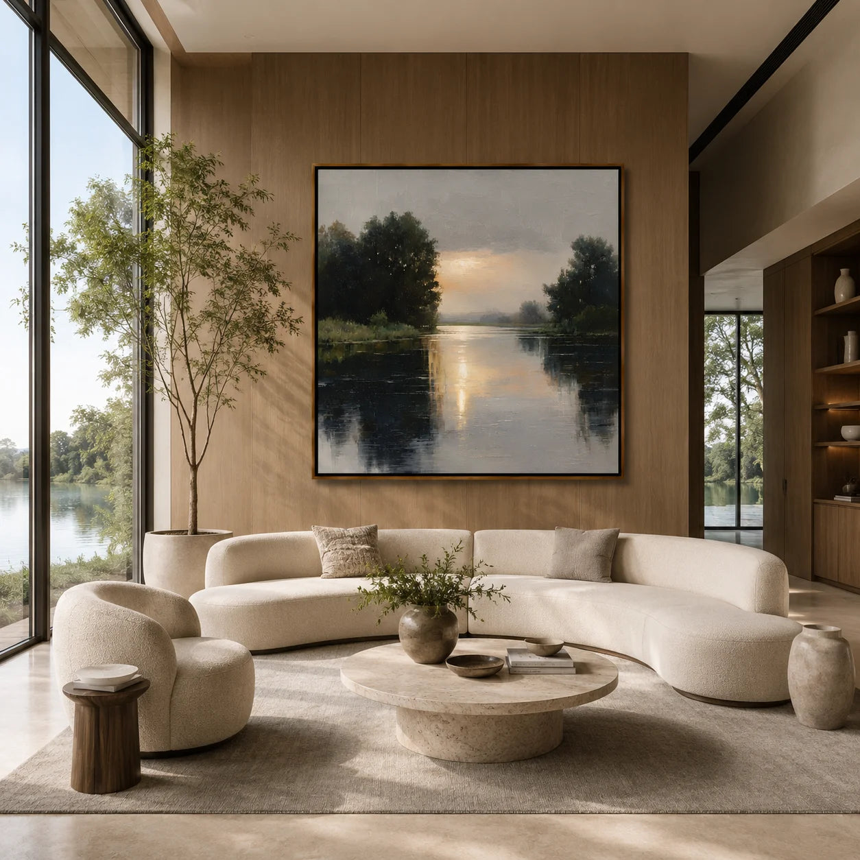 Serene River Landscape Oil Painting, Hand-Painted Sunset Water Reflection Wall Art for Modern Home Decor #OA 1005