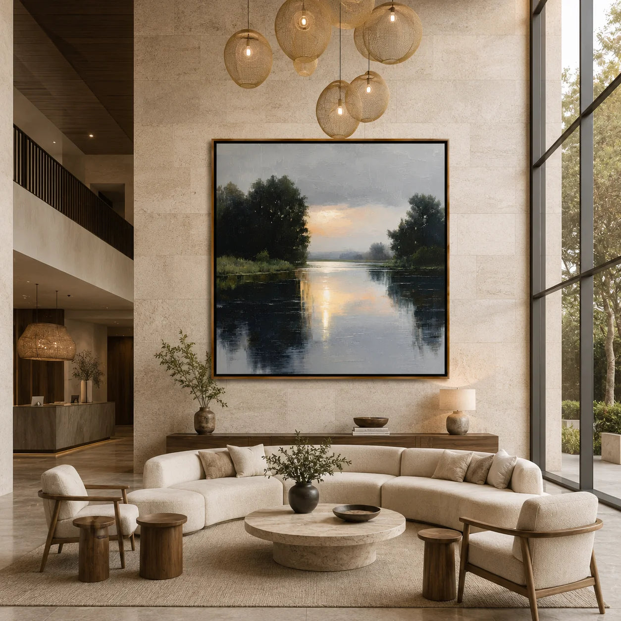 Serene River Landscape Oil Painting, Hand-Painted Sunset Water Reflection Wall Art for Modern Home Decor #OA 1005