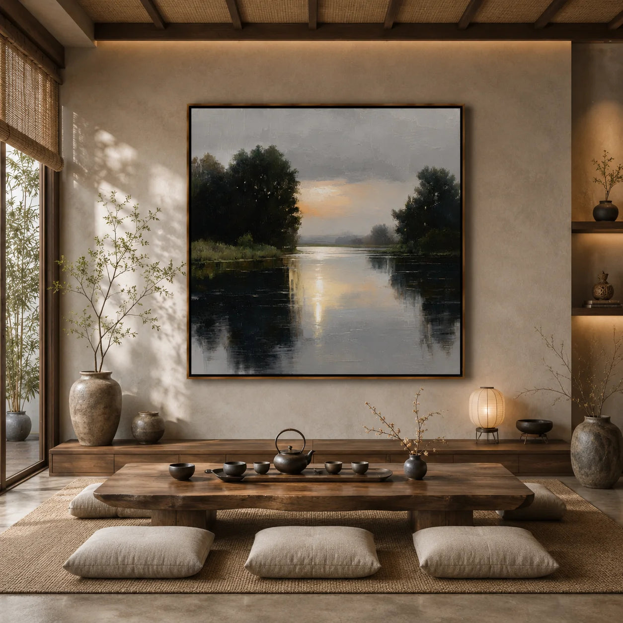Serene River Landscape Oil Painting, Hand-Painted Sunset Water Reflection Wall Art for Modern Home Decor #OA 1005